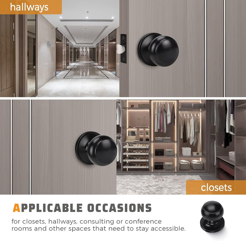 6 Pack Matte Black Door Knob - Round Interior Door Handles , Non-Locking Passage Door Knobs with Durable Lockset