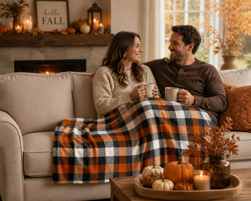 Fall Soft Fleece Throw Blanket, Orange Black White Plaid, 50x70 Oversized