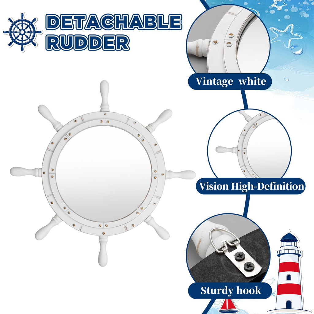 Nautical Ship Wheel Mirror Wall Mounted, White Handle, 30 Inch