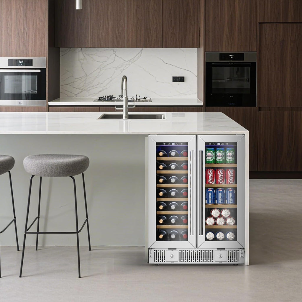 Wine and Beverage Refrigerator, 24 Inch Dual Zone Wine Cooler with Glass Door&Lo