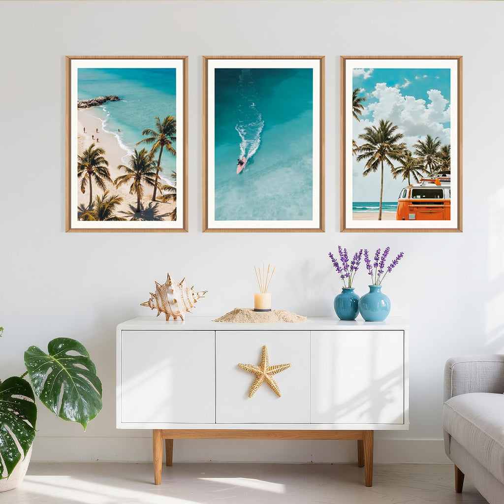 Large Nature Surfboard Beach Framed Canvas Wall Art, Summer Ocean Surfing Wall Decor, Palm Trees Wall Painting, Modern