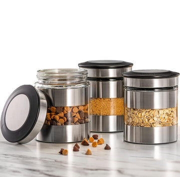 Quality Stainless Steel Canister Set of 3 Counter with Glass Window & Airtight Lid - Food Storage Containers with