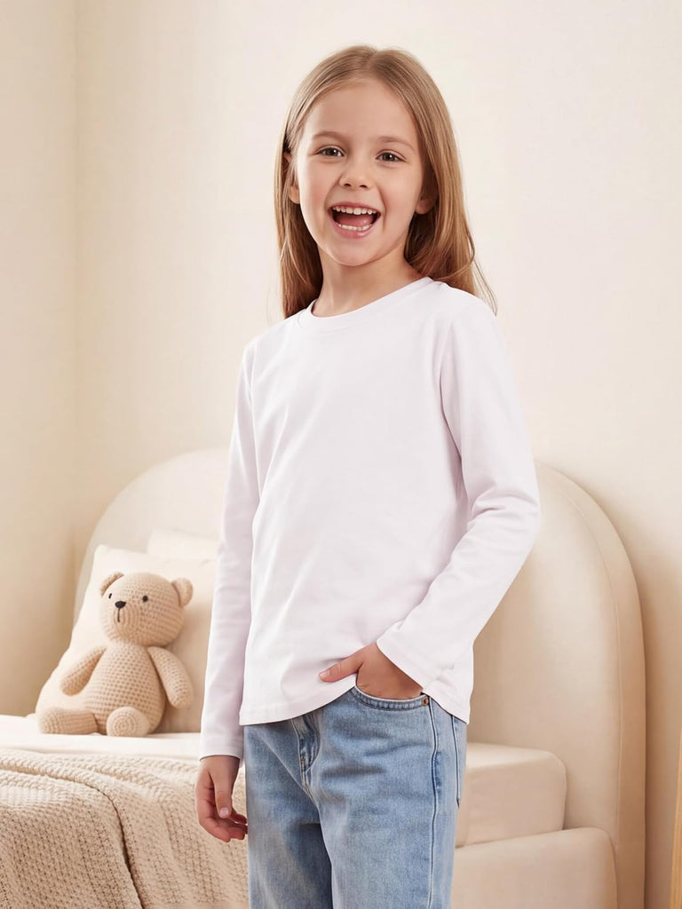 5 Pack Girls Long Sleeve Shirts Kids Cotton Crew Neck Tops