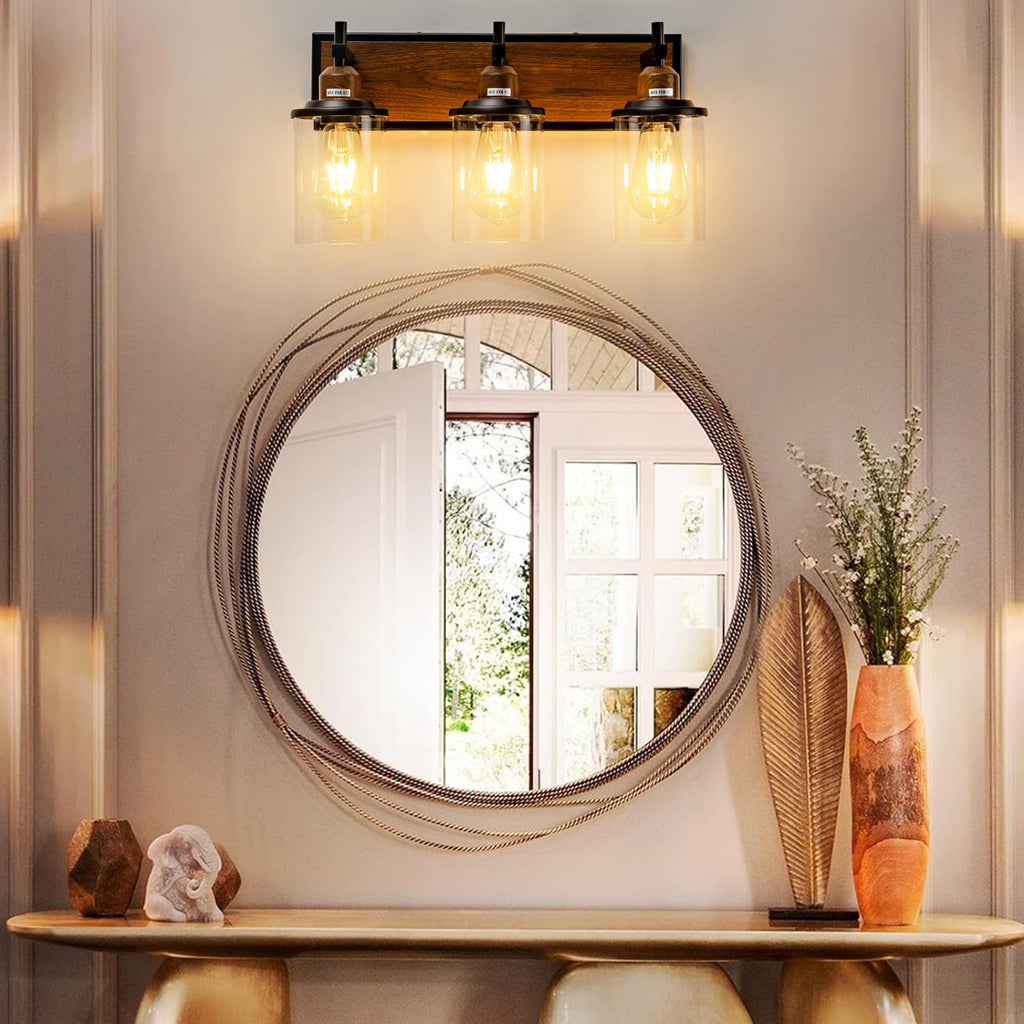 3-Light Farmhouse Bathroom Light Fixtures Vintage Vanity Lights Over Mirror Black and Wood Painted Metal Vanity Light