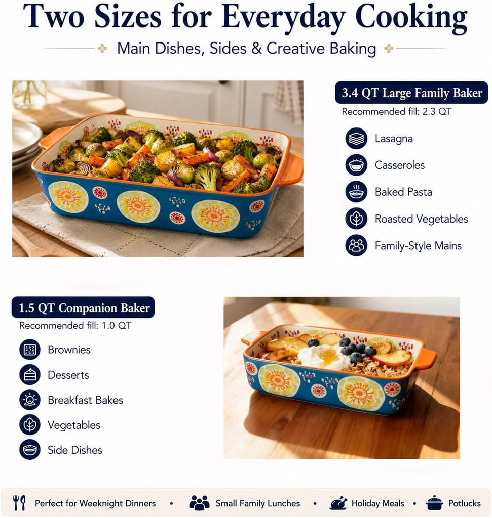 Ceramic Dish Set, 2-Piece Stoneware Casserole Dishes for Oven, 3.4QT & 1.5QT Deep Lasagna Bakeware with Handles