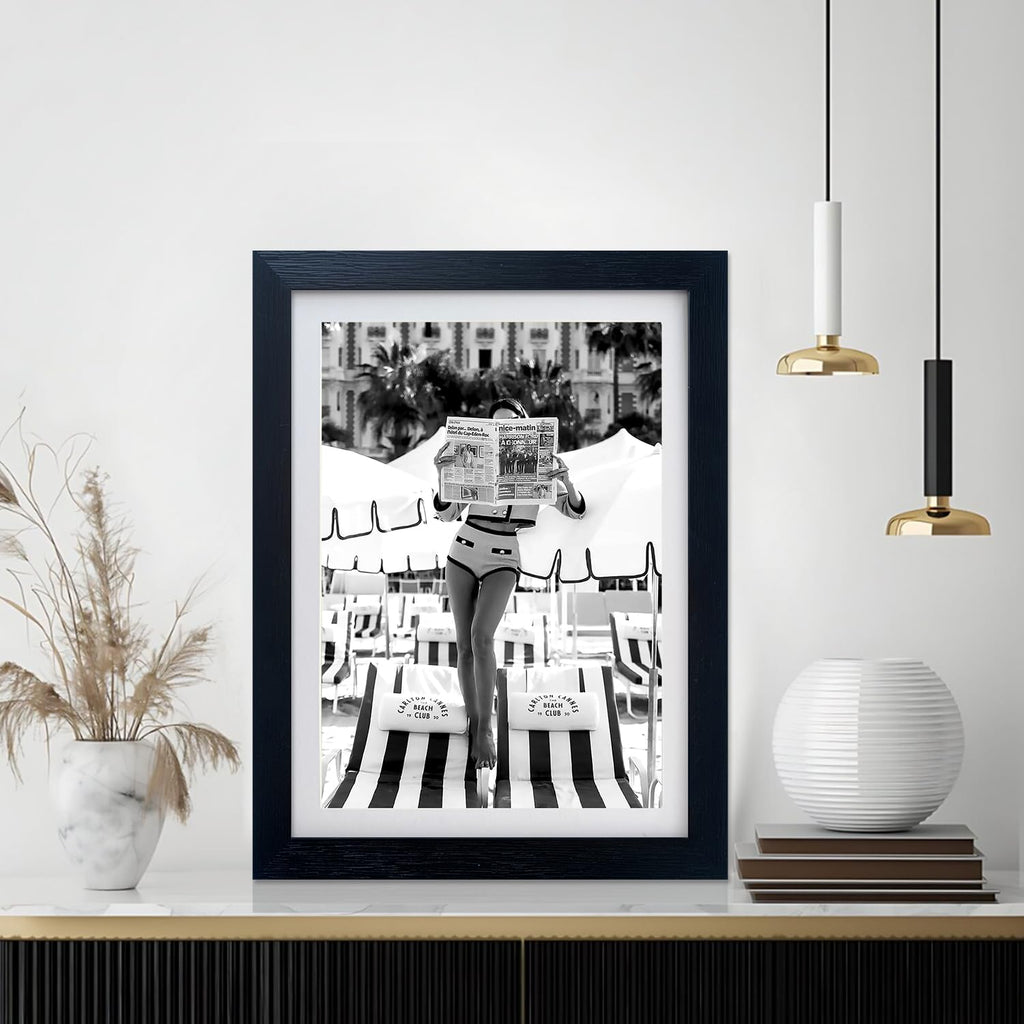 Framed Black and White Summer Wall Art Woman Reading Newspaper Beach Canvas Print Artwork Black and White Luxury
