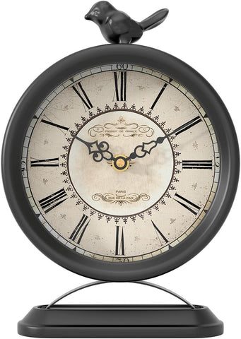 Vintage Table Clock with Bird, European Antique Style Black Mantel Clocks, Desk and Shelf Decor Clock, for Farmhouse