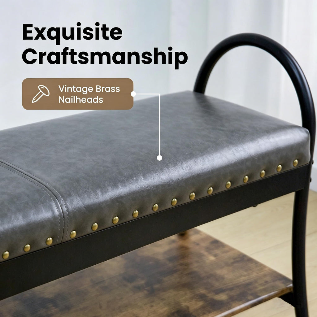 39.4" Shoe Bench with Shelf, Industrial Faux Leather Entryway Bench