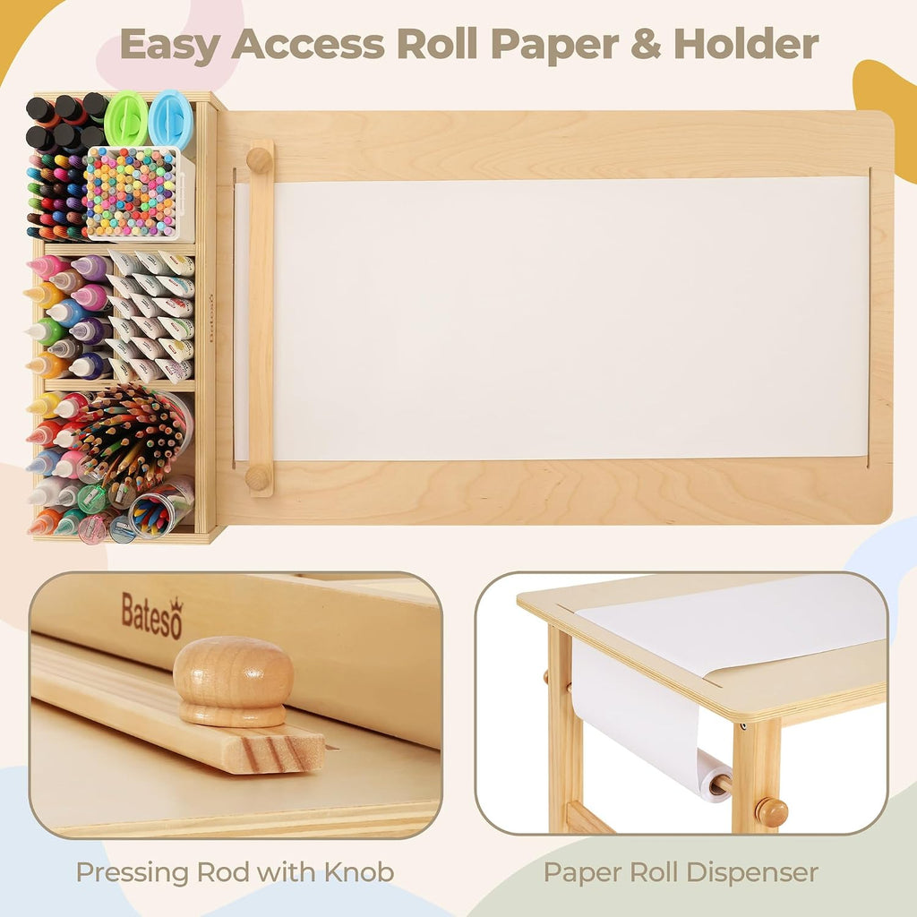 Kids Art Table and 2 Chairs Set with Roll Paper & Storage, Wooden Kid Craft Table for Drawing, Learning and Reading
