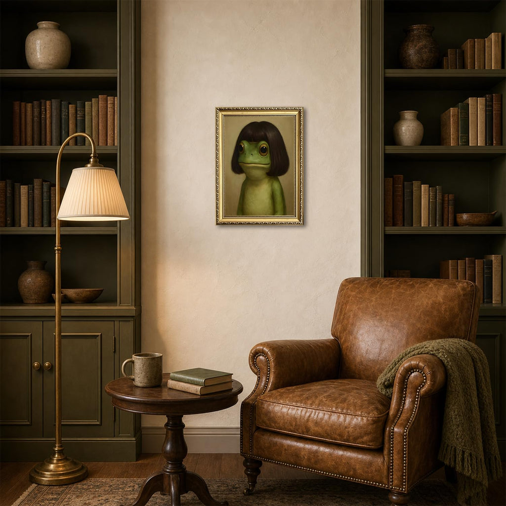 Gold Framed Funny Frog Wall Art, Whimsical Green Frog Wall Decor Painting Cute Animal Poster Canvas Prints Artwork