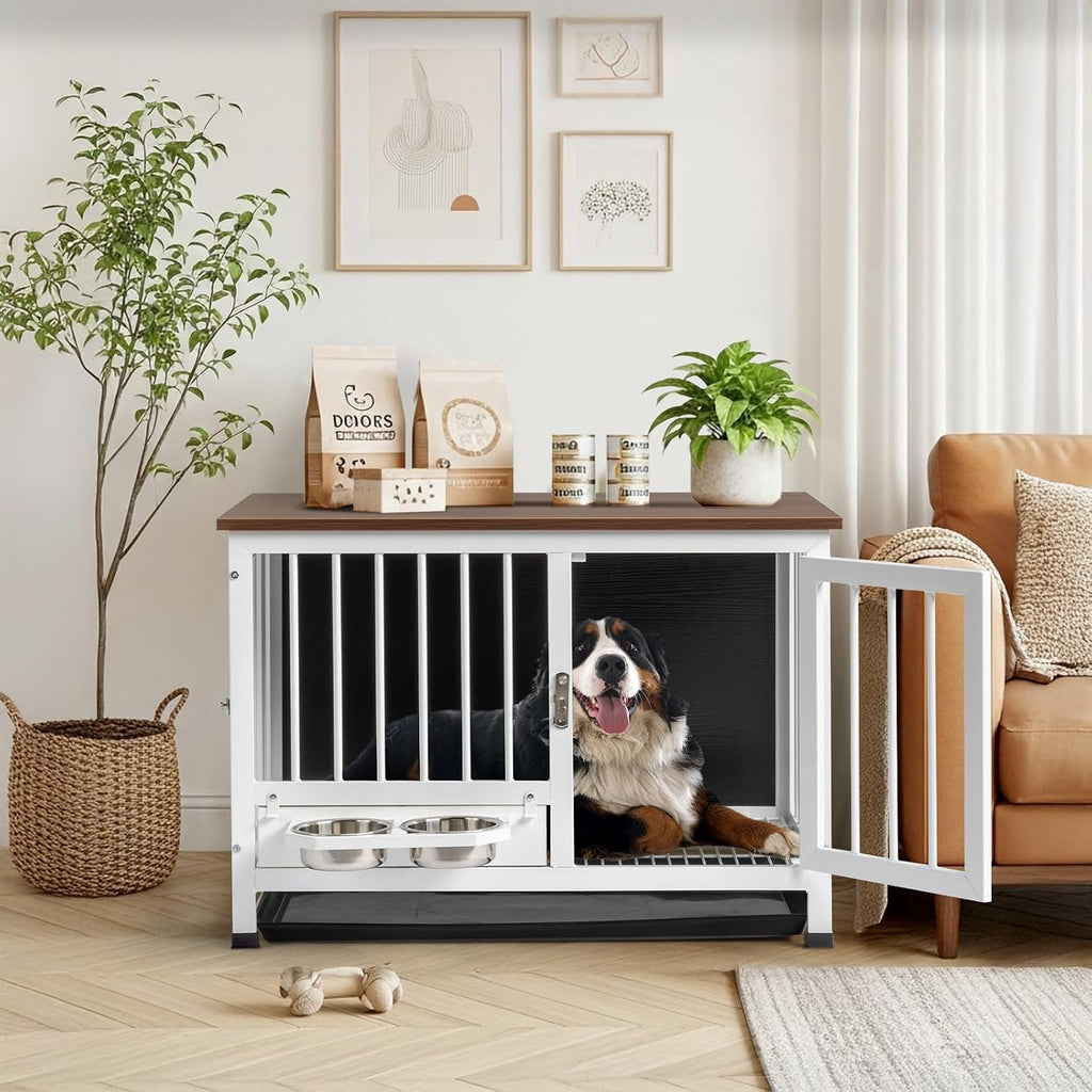 Dog Crate Furniture, 32.5" Wooden Dog Kennel with 360° Swivel Feeder, Dog Cage Indoor for Small and Medium Dogs, Easy
