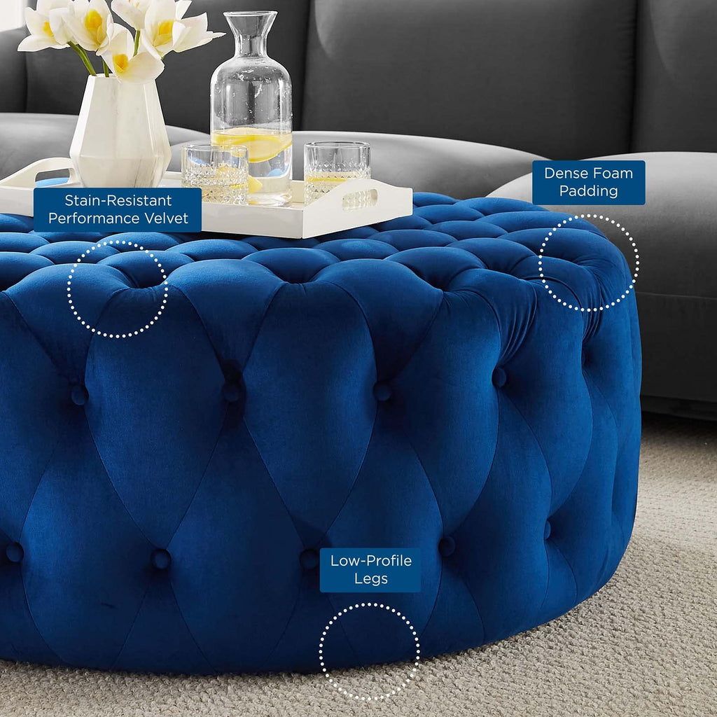 Amour Tufted Button Large Round Performance Velvet Ottoman in Navy