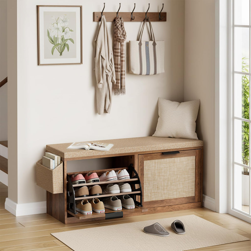 40'' Shoe Storage Bench, Entryway Bench with Shoe Storage & 2 Flip Drawer & Seat Cushion, Rattan Hidden Shoe Rack