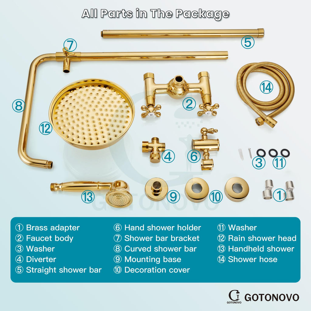 Exposed Shower System Wall Mount,Polish Gold,Metal Handheld