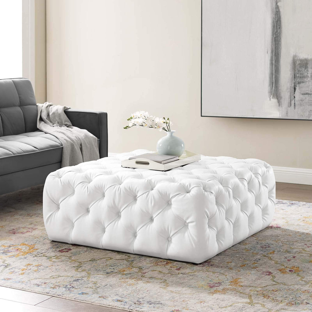 Anthem Tufted Button Large Square Faux Leather Ottoman, White