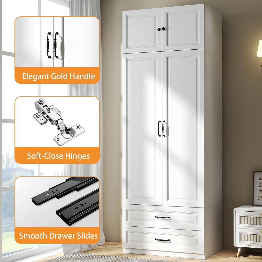Armoire Wardrobe Closet with Drawers: 31.5" Large Wood Wardrobe Closet with 2 Doors and 2 Drawers, Modern Clothes