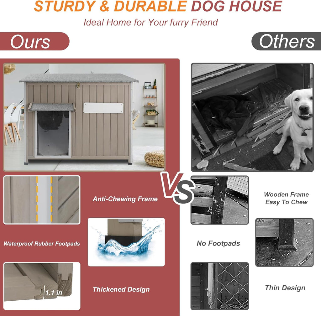 Outdoor Dog House Weatherproof, Wooden Puppy Shelter with Anti-Chewing Iron Frame and Elevated Floor, Sturdy Dog