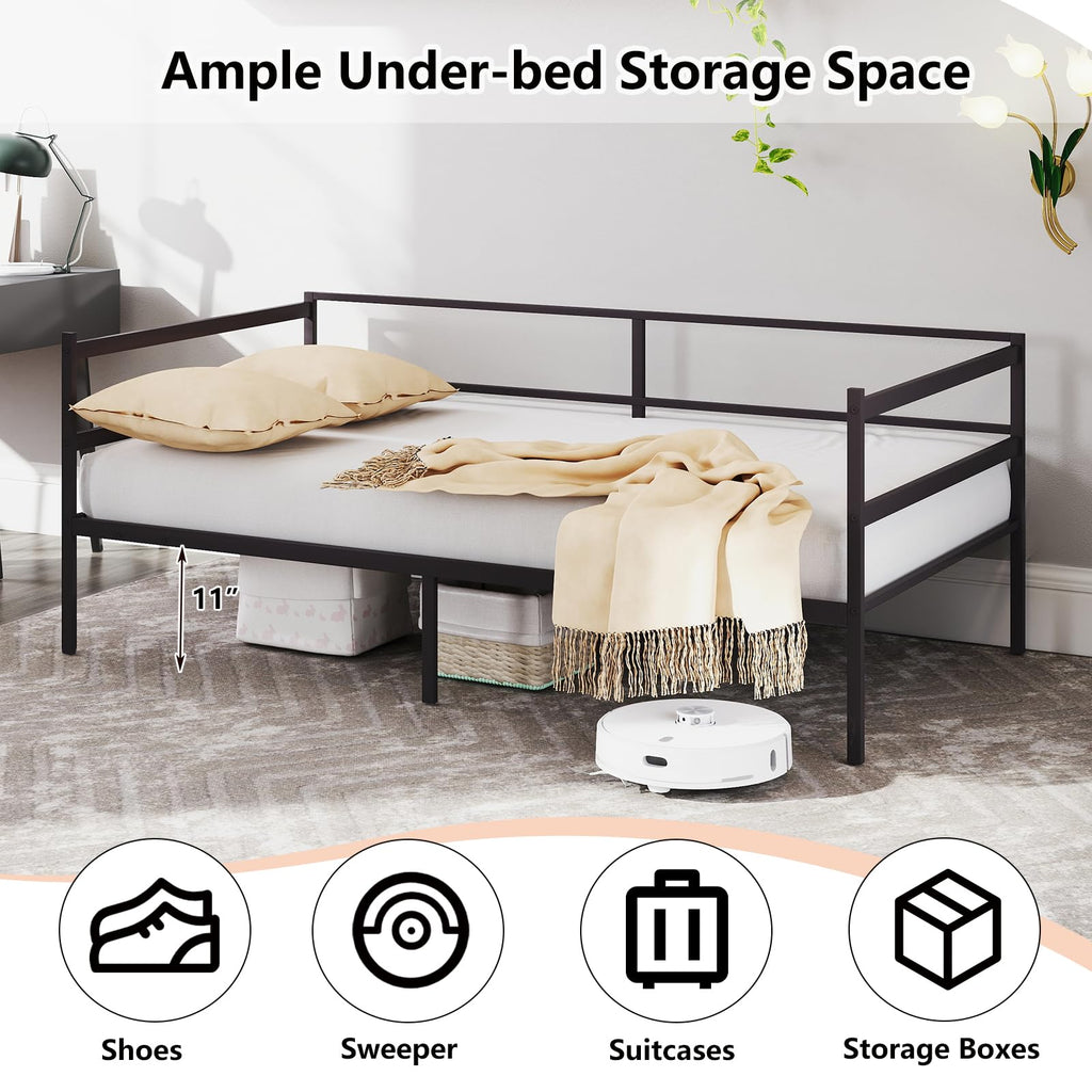 Metal Daybed Frame Twin Size, Heavy-Duty Steel Slats Support Sofa Bed, Platform Mattress Foundation, Multifunctional