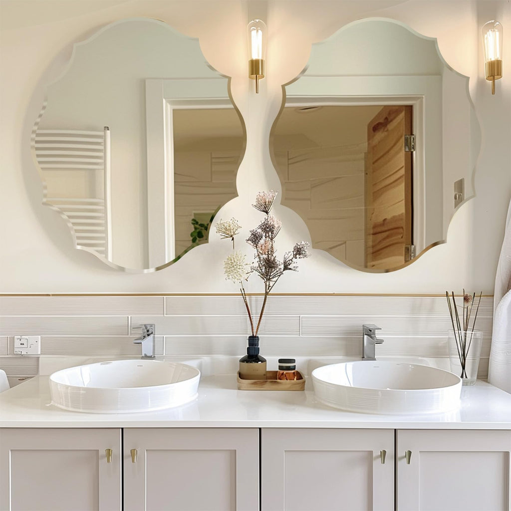 24x31 Frameless Oval Wall Beveled Scalloped Silver Wall with MDF Backplane Over Bathroom Sink for Vanity, Bedroom or