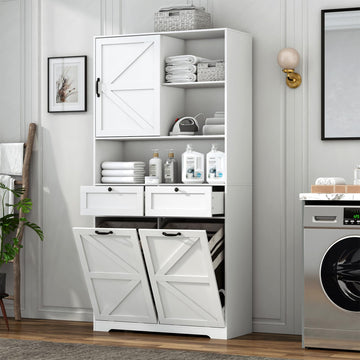 78" Tall Tilt-Out Double Doors Laundry Cabinet Hamper w Hidden Laundry Hamper, Large Pull Out Laundry Room Storage