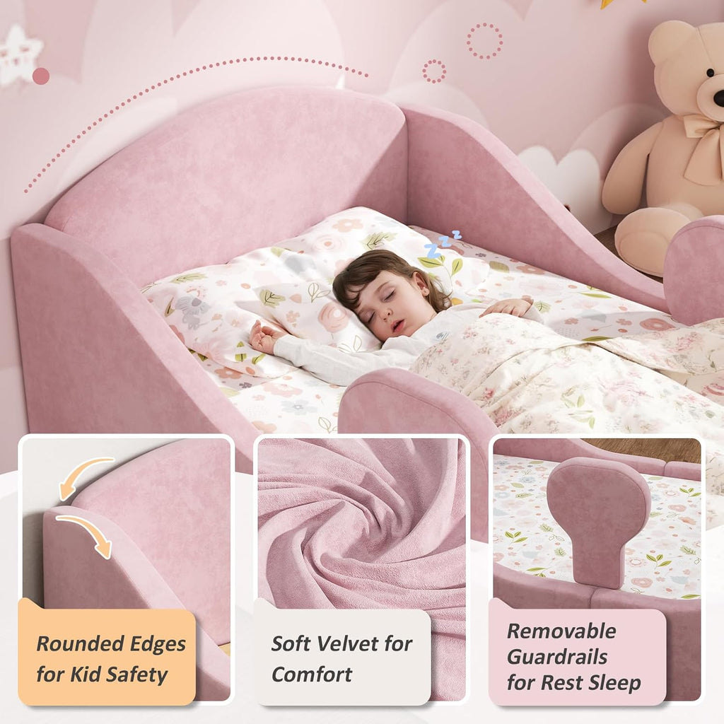 Toddler Bed, Toddler Floor Bed with Removable Safety Rails, Pink