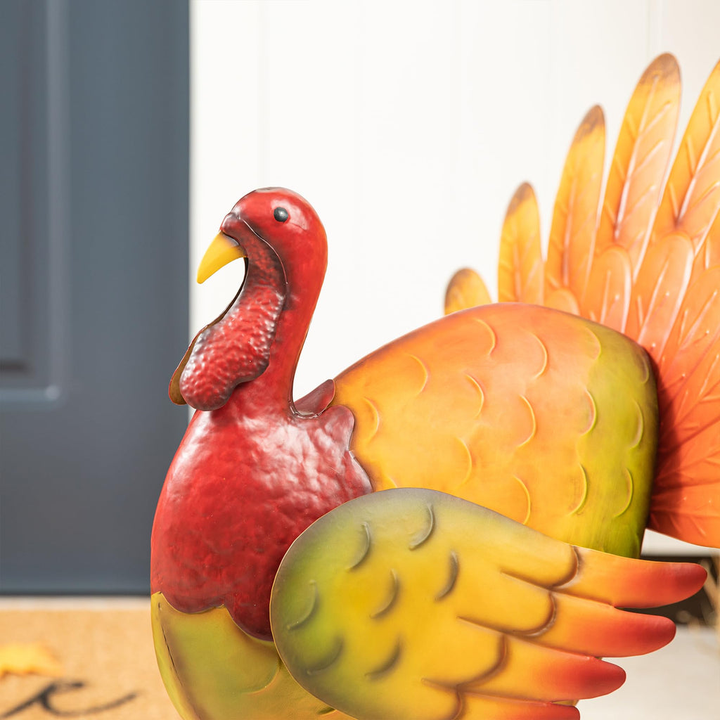 21.5"H Thanksgiving Metal Turkey Porch Decor, Farmhouse Hand-Painted Rustic Turkey Sculpture Statue Sign for