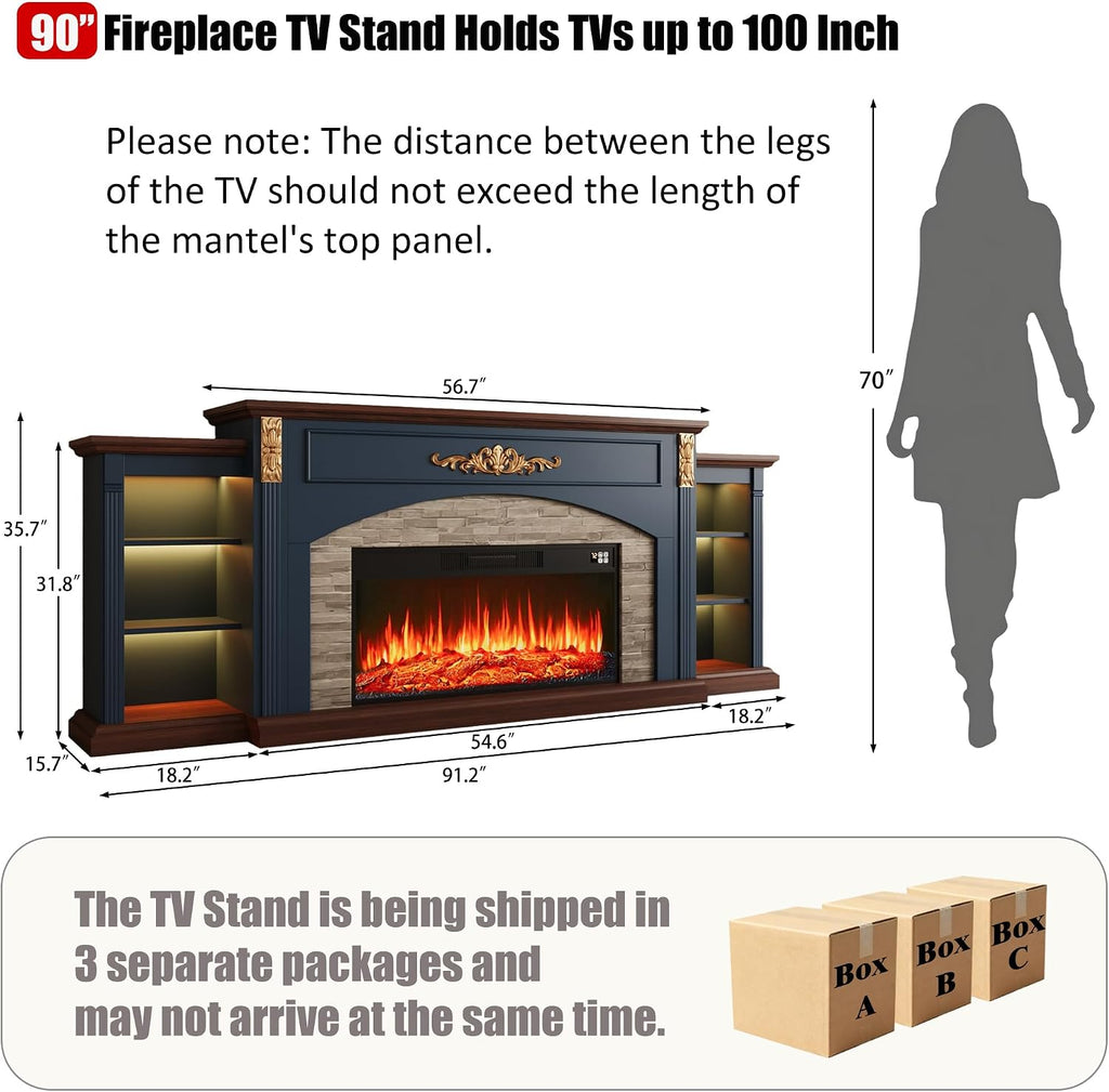 90inch Electric Fireplace TV Stand, Fireplace with Mantel Holds TVs up to 100 Inch, Entertainment Center with 36"