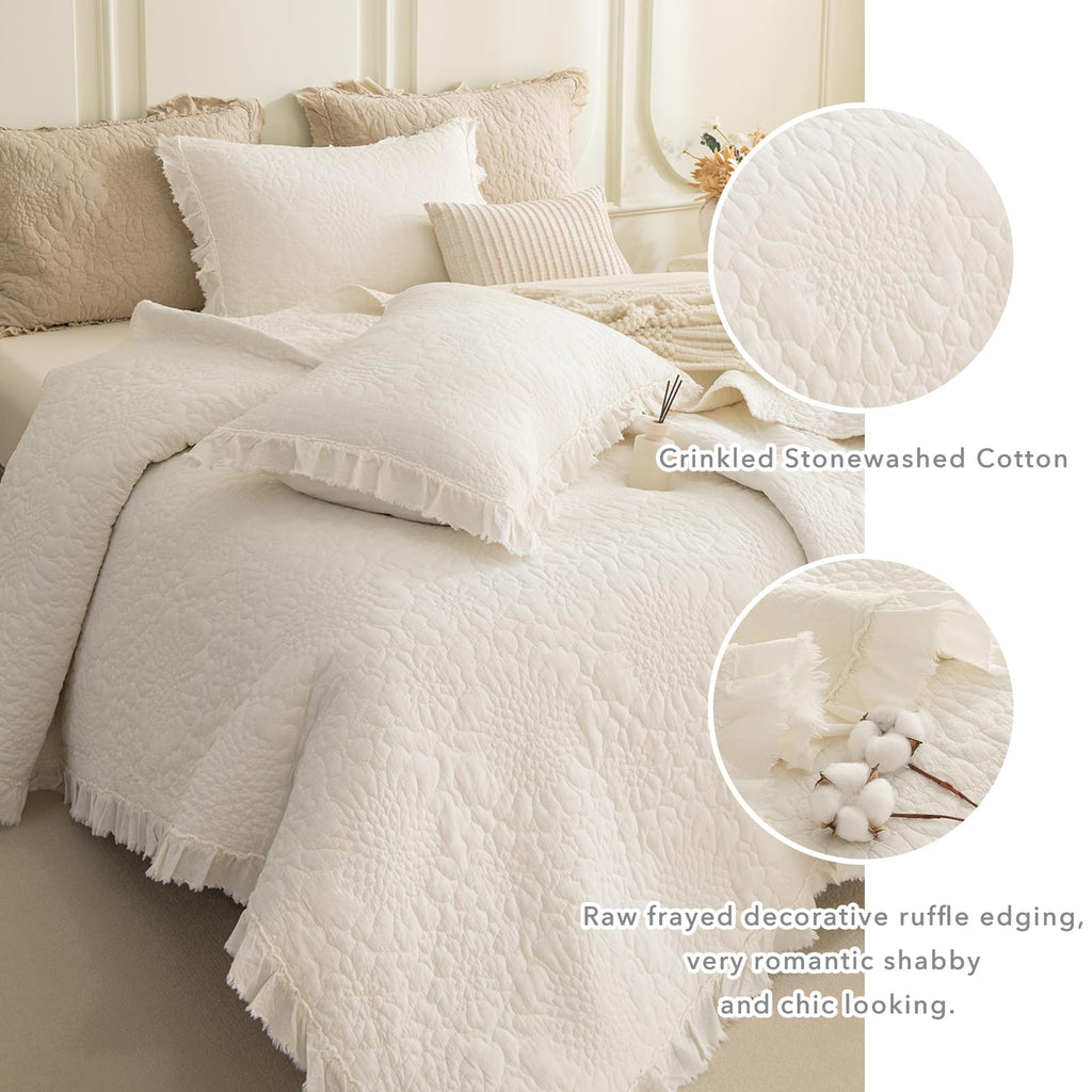 Milk White Stonewashed Cotton Oversized King Quilt Bedspread Set(128"x120"), 3PCs Farmhouse Ruffled Bedspread