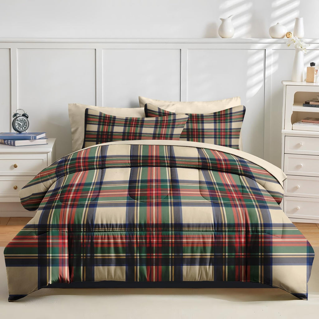 Comforter Set with Sheets, 5 Pieces Plaid Tartan Bedding