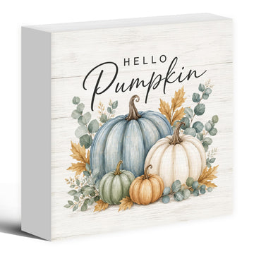 Fall Pumpkin Eucalyptus Botanical Wood Box Sign Desk Decor 5X5