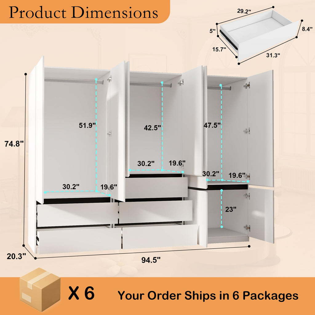 White Armoire Wardrobe Closet with 5 Drawers, 75" Tall x 95" Wide
