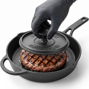 Cast Iron Skillet Set 10 Inch Pre-Seasoned Frying Pan with Burger Press