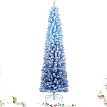 7 FT Pre-lit Flocked Pencil Christmas Tree Blue Slim Artificial Xmas Tree with 588 Branch Tips, 290 Warm White LED