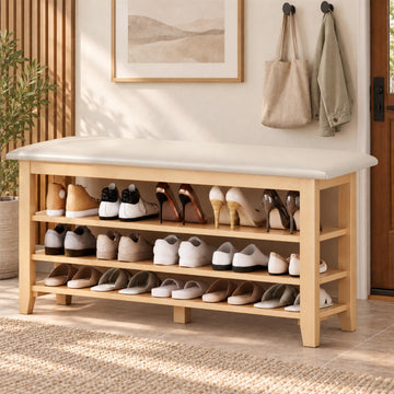 Solid Wood Shoe Rack Bench Entryway with Leather Cushion 39.3"