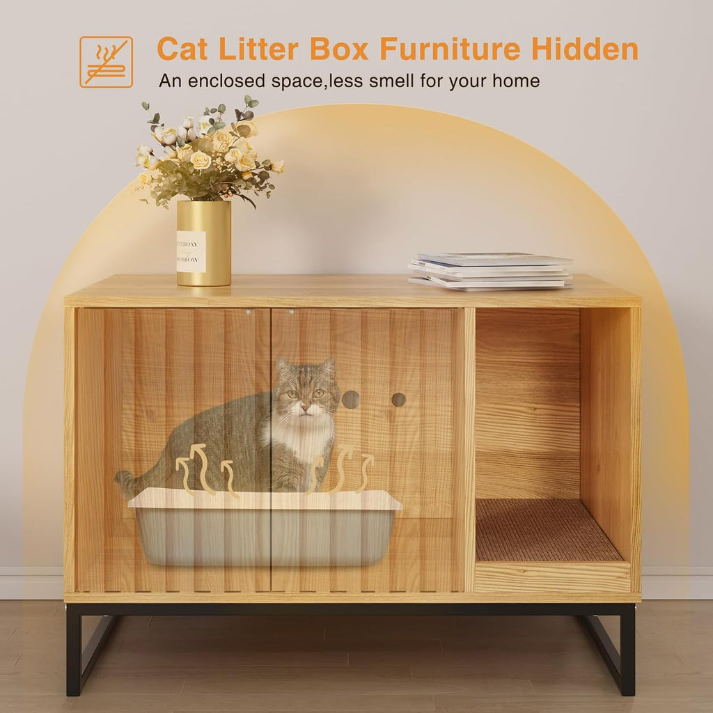 Litter Box Enclosure, Modern Cat Litter Box Enclosure Furniture Hidden Litter Box with Scratch Pad, Cat Washroom
