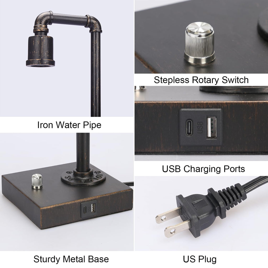 Industrial Table Lamp, Vintage Bedside Lamp with USB C and USB A Charging Ports, Dimmable Steampunk Office Lamp Metal