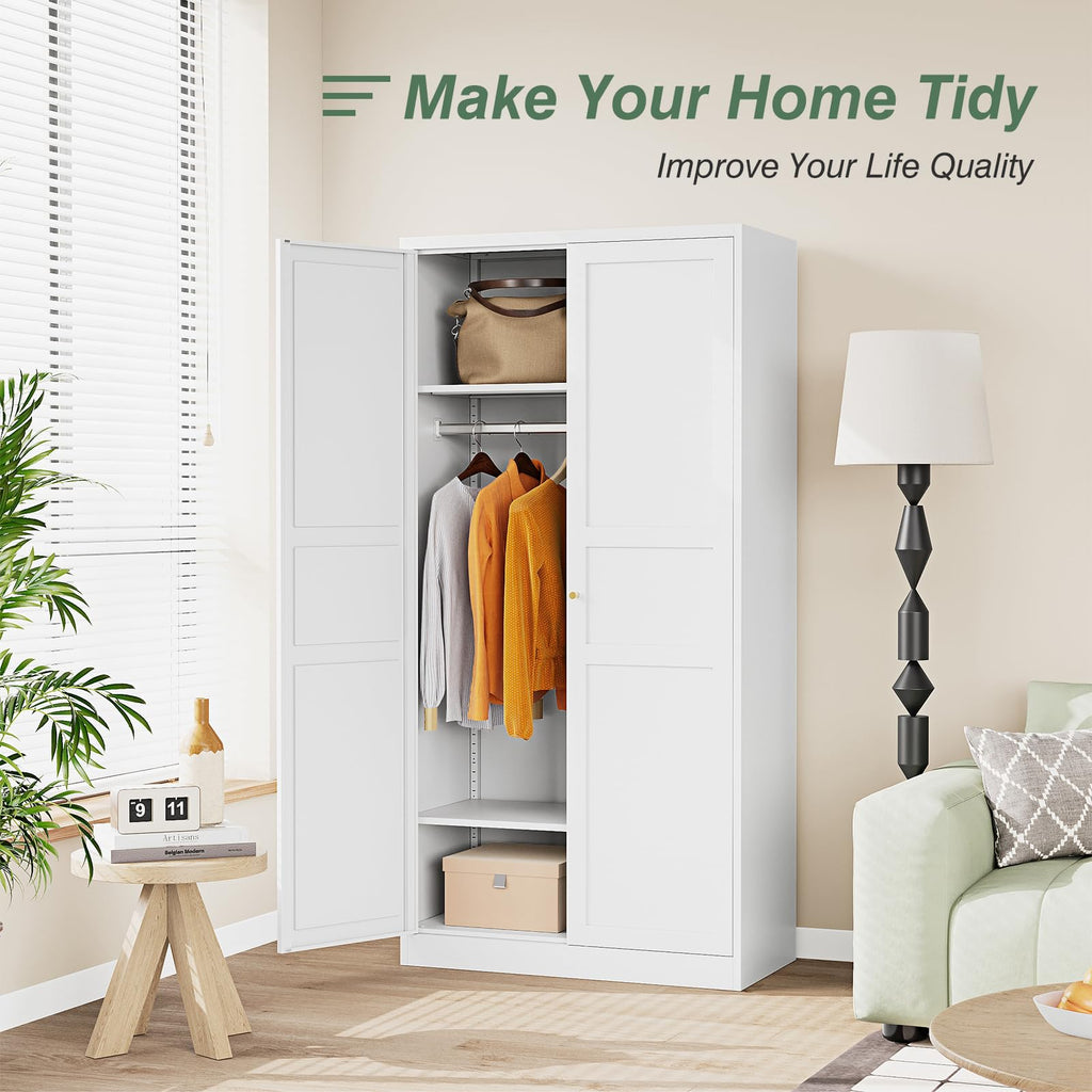 Metal Armoire Wardrobe Closet Cabinet, White Armoire Wardrobe Closets Storage Cabinets with Doors and Adjustable