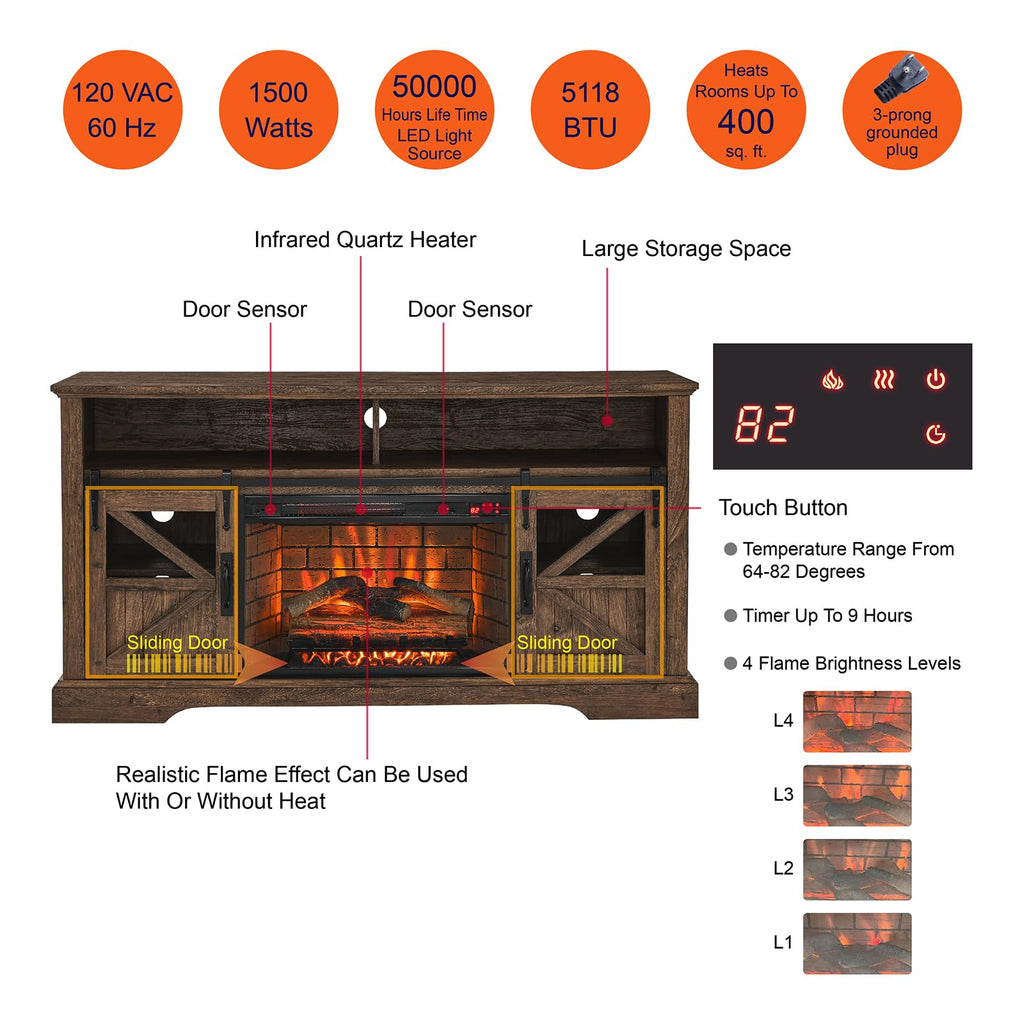 With 3D Flame Effect and Door Sensor - Entertainment Center with 26 inch Electric Fireplace - Media Entertainment