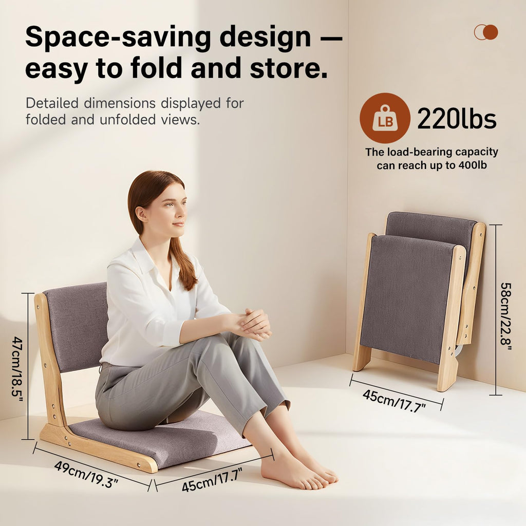 2-Pack Foldable Meditation Floor Chairs with Back Support, Wood Grey