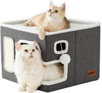 Cat Beds for Indoor Cats - Large Cat House for Pet with Fluffy Ball Hanging and Scratch Pad, Foldable Cat