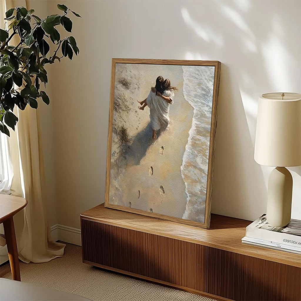 Jesus Hugging Woman Wall Art Jesus on the Beach Wall Decor 3D Textured Hand Drawn Sandstone Christian Decor Painting