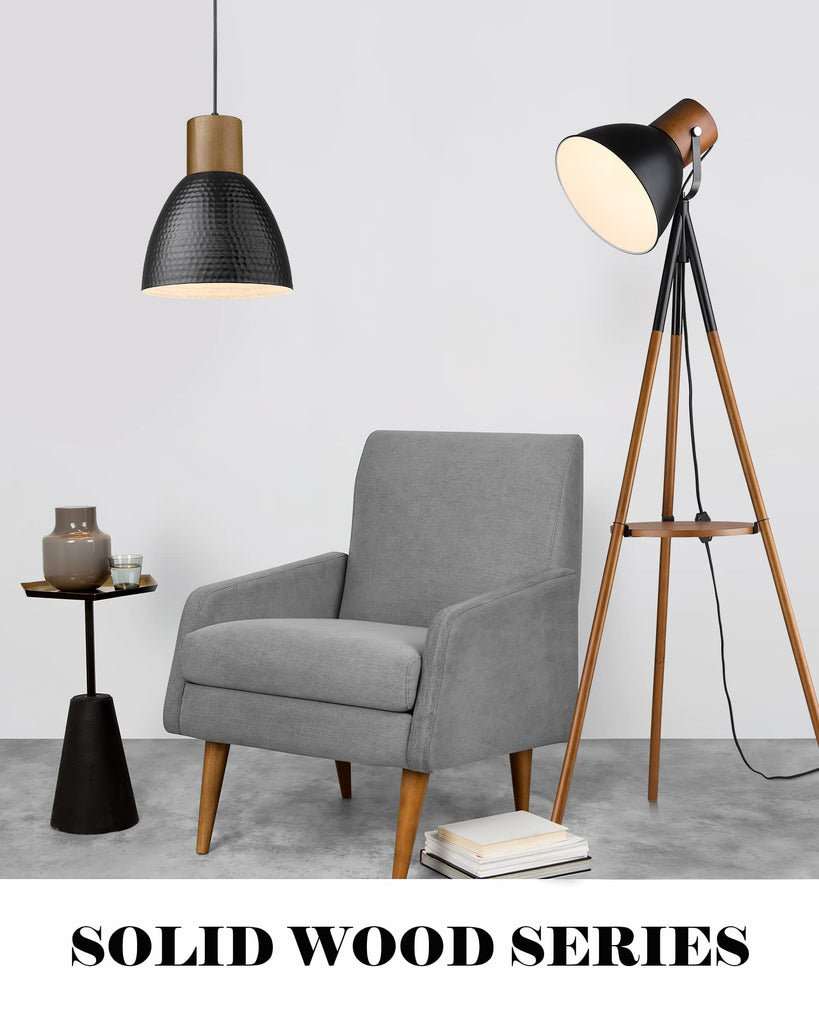 Hammered Pendant Light, 10.2" Industrial Hanging Lamp with Solid Wood & Metal Shade, Modern Pendant Light Fixtures