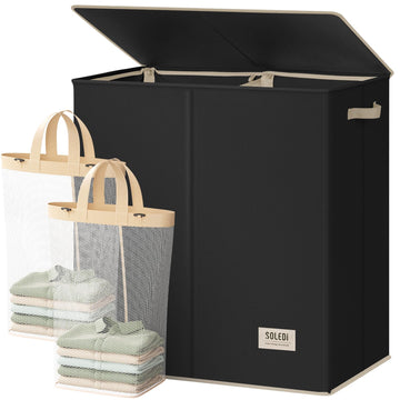 Large Double Laundry Hamper with Lid,165L Collapsible Clothes Hamper 2 section with Removable Bags, Space-Saving