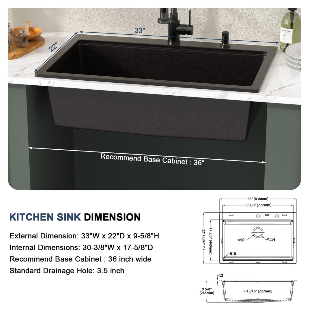 33 Inch Drop In Black Composite Granite Single Bowl Sink