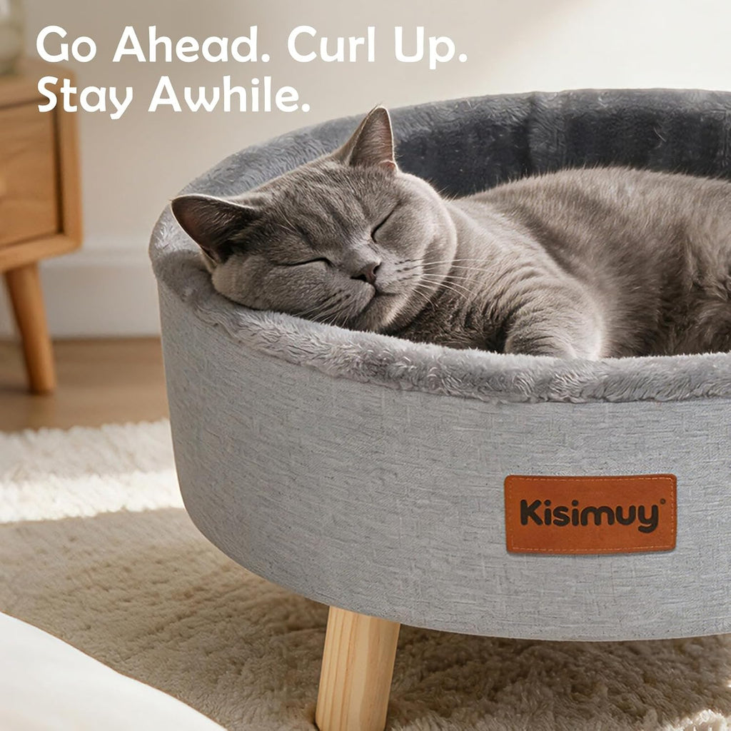 Raised Cat Bed Wooden for Indoor Cats, Cute Cat Couch with Cushion