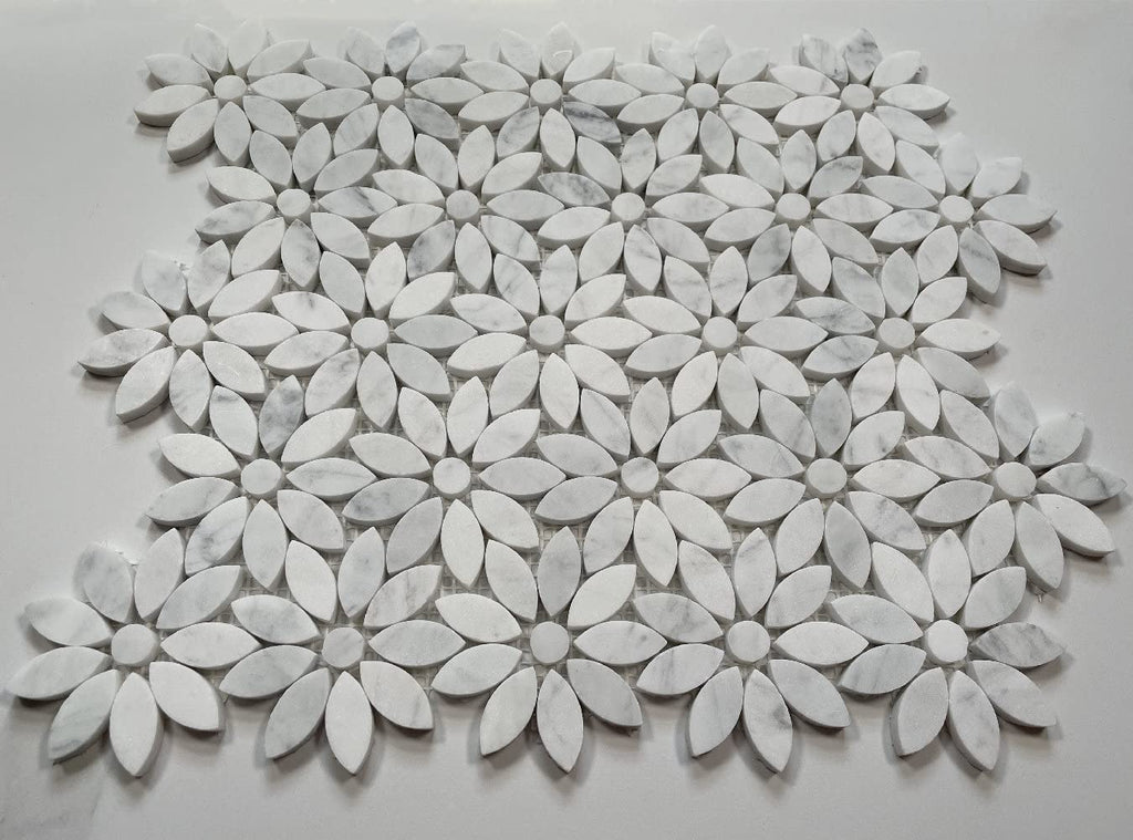 Carrara White Marble Daisy Flower Pattern Mosaic Tile Honed Kitchen Bath Wall Floor Backsplash Shower (1 Sheet)