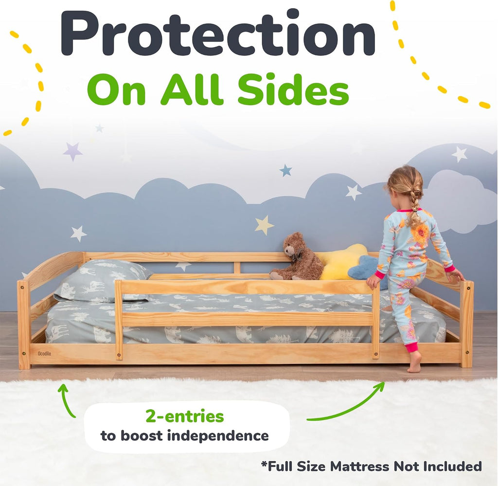Floor Bed for Kids with Rails & Wood Slatted Frame