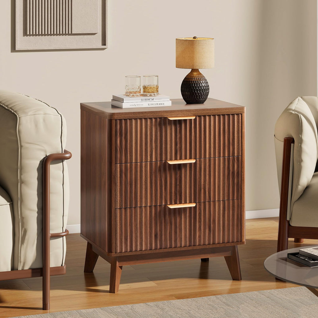 Fluted Nightstand Set of 2, Wood Bedside Table with 3 Drawers, Modern Farmhouse Storage End Table, Walnut