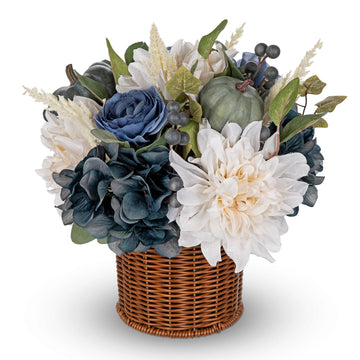 13.8" Fall Flowers Arrangement in Baskets Pot Outdoor Indoor Fake Pumpkin Hydrangea Peonies Artificial Flower in