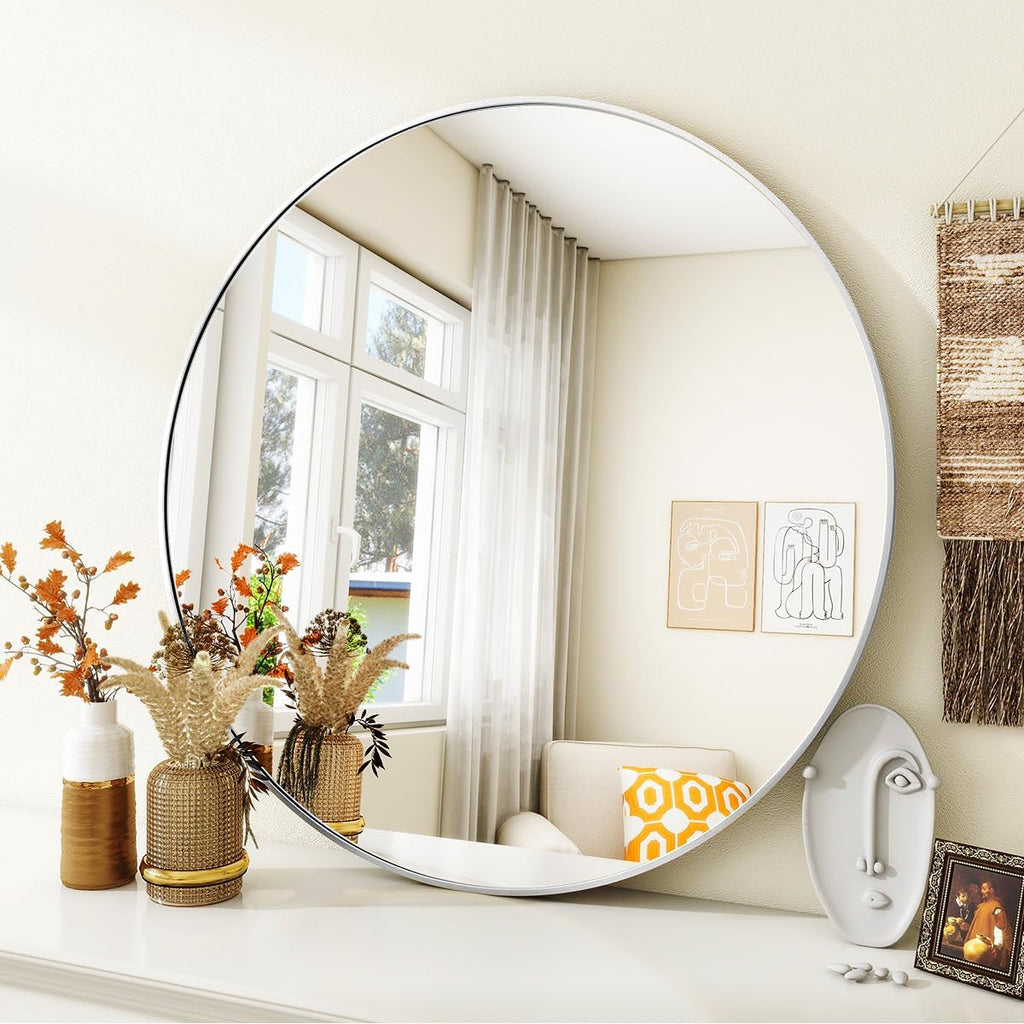 Silver Round Bathroom Mirror 30", Thin Metal Frame Wall Mirror